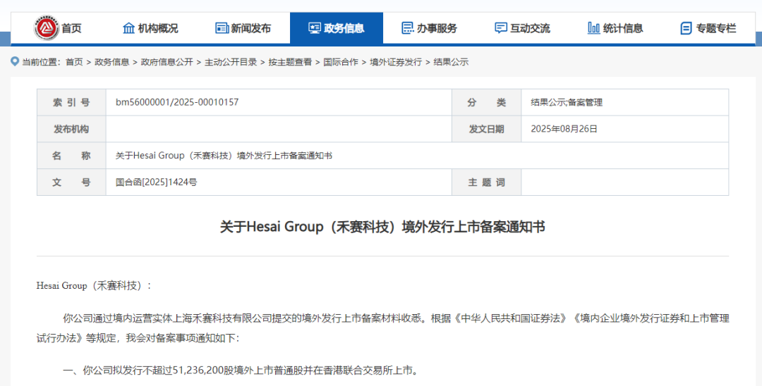 禾赛科技，秘密递表赴香港上市，获中国证监会备案通知书